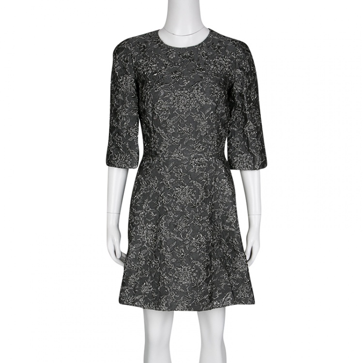 Pre Owned Dolce and Gabbana Grey Lurex Floral Jacquard Dress S