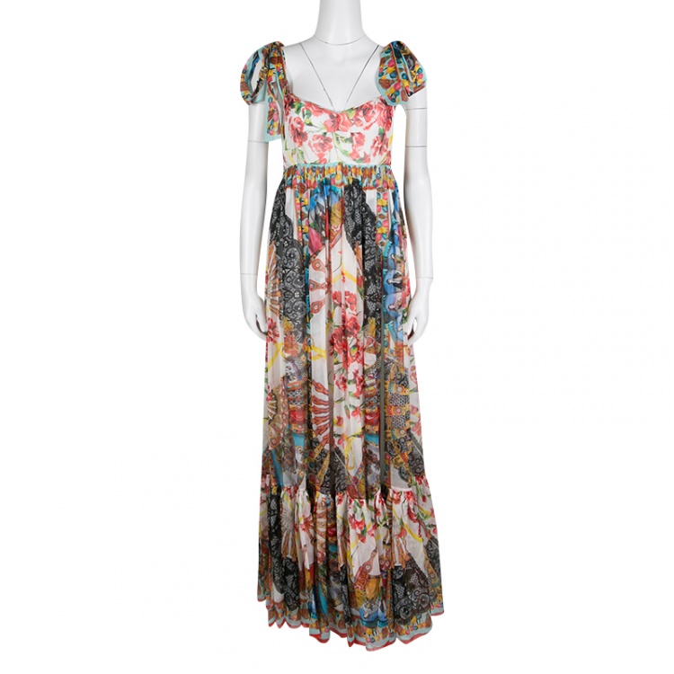 Pre Owned Dolce and Gabbana Multicolor Printed Silk Chiffon Empire Line Maxi Dress M 