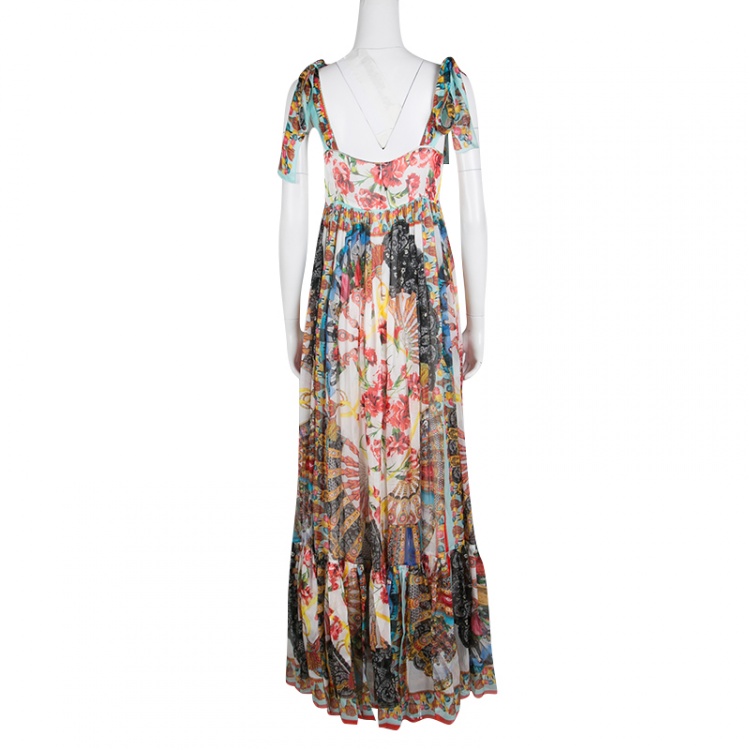 Pre Owned Dolce and Gabbana Multicolor Printed Silk Chiffon Empire Line Maxi Dress M 