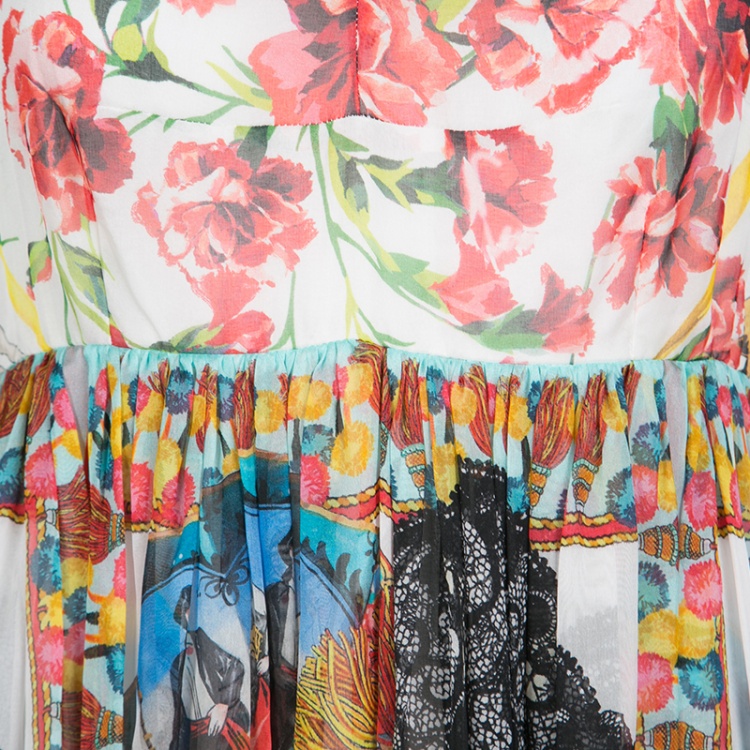 Pre Owned Dolce and Gabbana Multicolor Printed Silk Chiffon Empire Line Maxi Dress M 