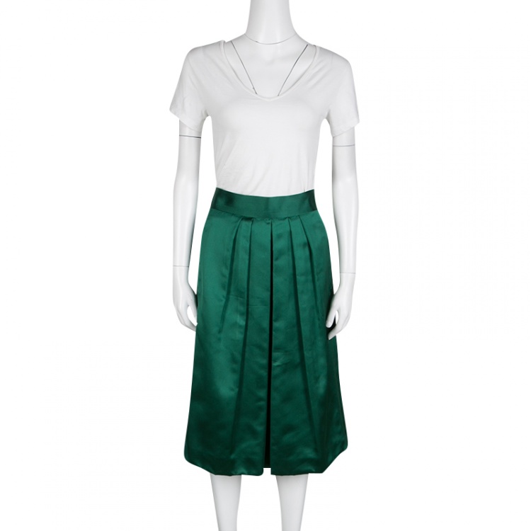 Pre Owned Dolce and Gabbana Green Pleated Satin Midi Skirt M