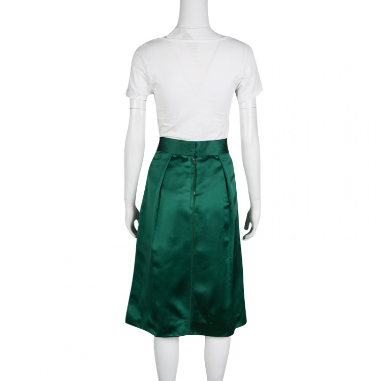 Pre Owned Dolce and Gabbana Green Pleated Satin Midi Skirt M