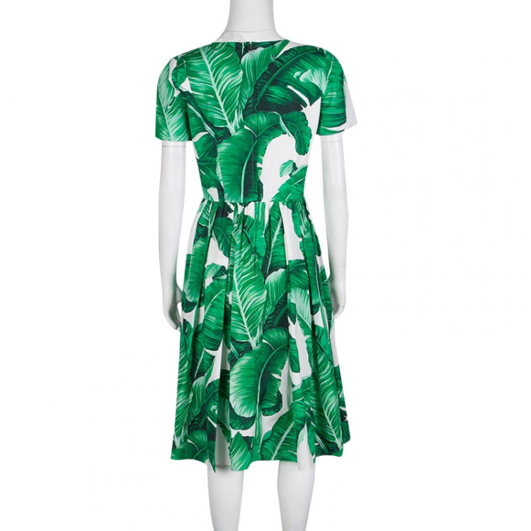Pre Owned Dolce and Gabbana Green and White Banana Leaf Print Cotton Poplin Dress M