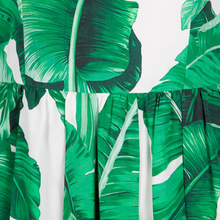 Pre Owned Dolce and Gabbana Green and White Banana Leaf Print Cotton Poplin Dress M
