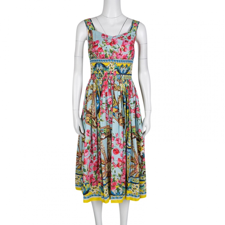 Pre Owned Dolce and Gabbana Floral Print Smocked Waist Sleeveless Cotton Poplin Dress S