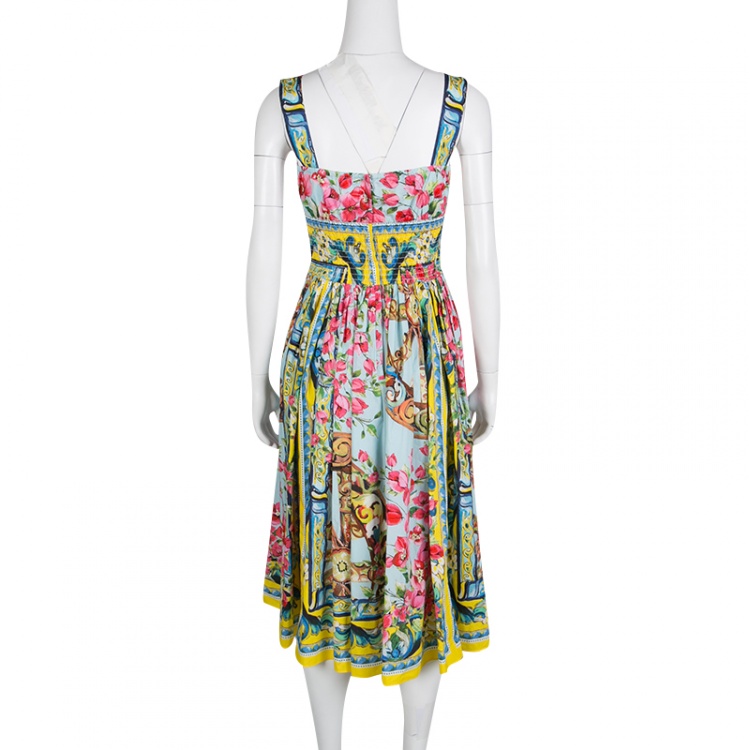 Pre Owned Dolce and Gabbana Floral Print Smocked Waist Sleeveless Cotton Poplin Dress S