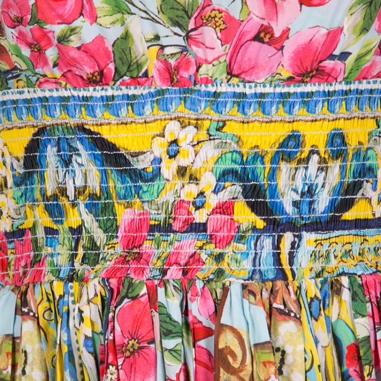 Pre Owned Dolce and Gabbana Floral Print Smocked Waist Sleeveless Cotton Poplin Dress S