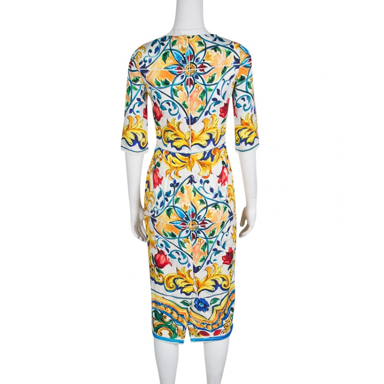 Pre Owned Dolce and Gabbana Majolica Printed Silk Boat Neck Sheath Dress S