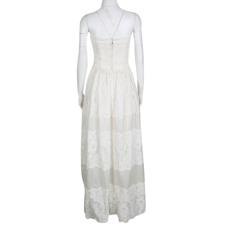 Pre Owned Dolce and Gabbana Cream Scalloped Floral Lace Strapless Gown S 