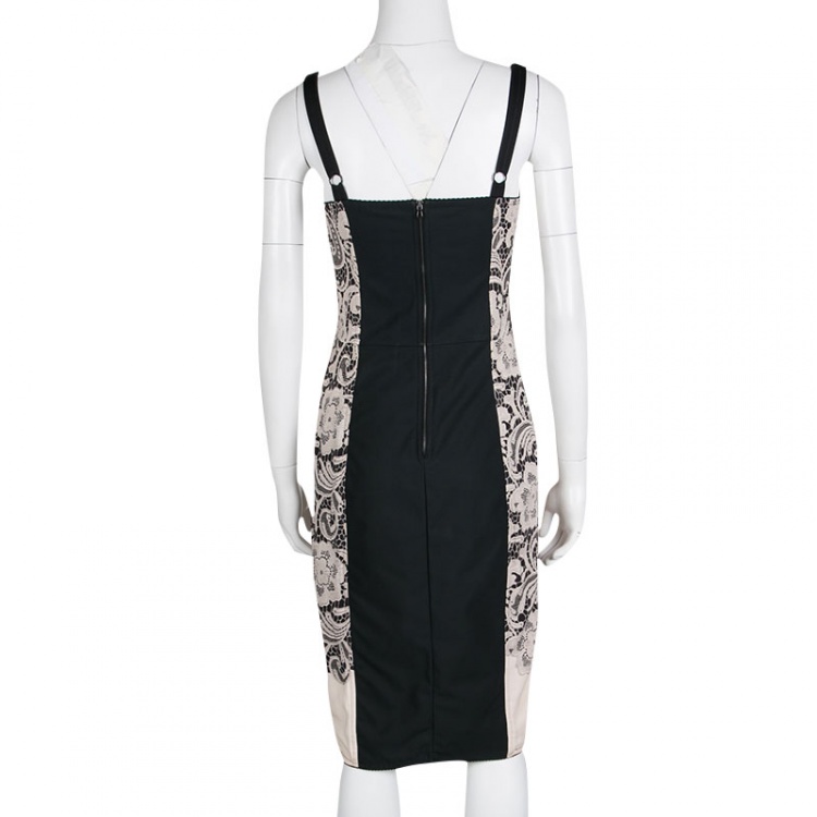 مملوكة مسبقًا Dolce and Gabbana Black and Beige Floral Lace Print Sleeveless Bodycon Dress S