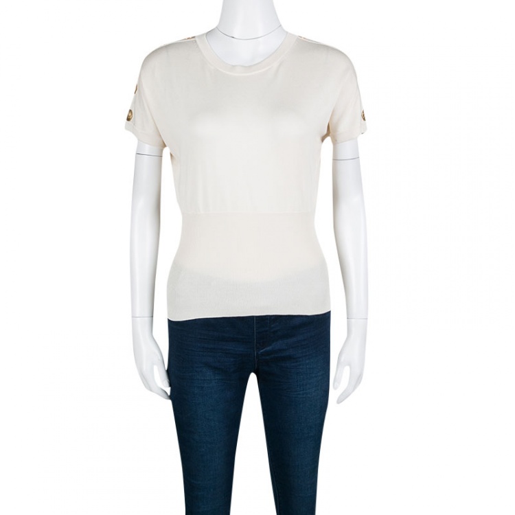 Pre Owned Dolce and Gabbana Beige Shoulder Button Detail Ribbed Hem Short Sleeve Sweater S