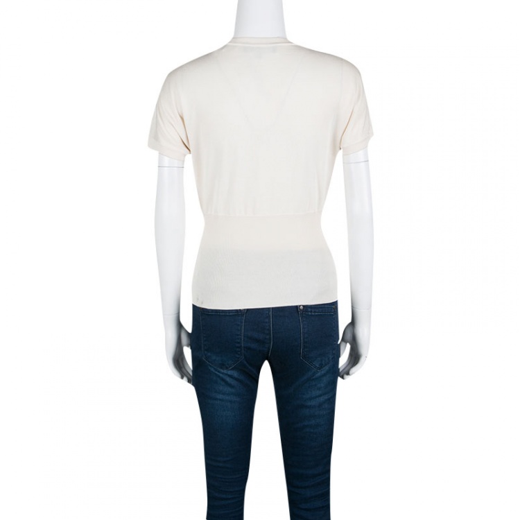 Pre Owned Dolce and Gabbana Beige Shoulder Button Detail Ribbed Hem Short Sleeve Sweater S