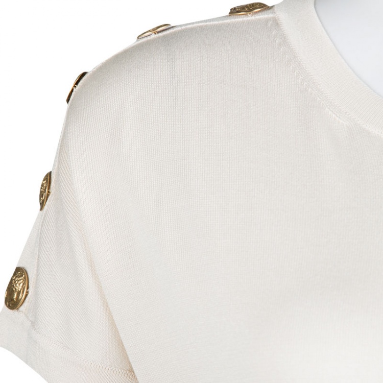 Pre Owned Dolce and Gabbana Beige Shoulder Button Detail Ribbed Hem Short Sleeve Sweater S