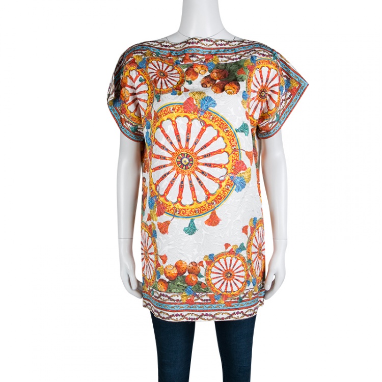 Pre Owned Dolce and Gabbana White Sicilian Printed Jacquard Boat Neck Shift Dress S