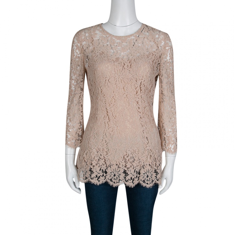 Pre Owned Dolce and Gabbana Blush Pink Floral Lace Scallop Trim Long Sleeve Blouse M