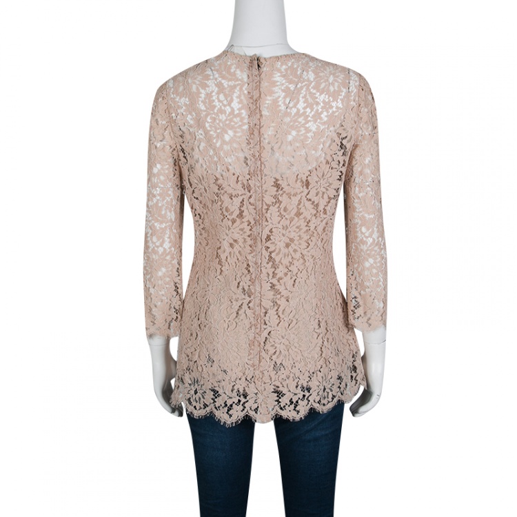 Pre Owned Dolce and Gabbana Blush Pink Floral Lace Scallop Trim Long Sleeve Blouse M
