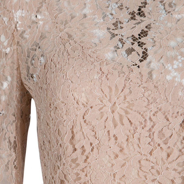 Pre Owned Dolce and Gabbana Blush Pink Floral Lace Scallop Trim Long Sleeve Blouse M
