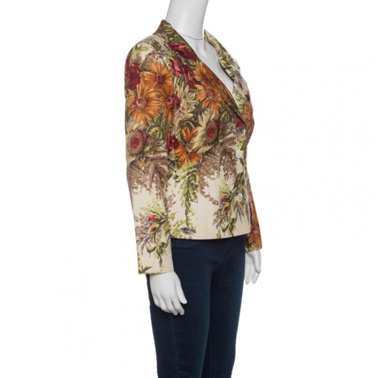 Pre Owned Dolce & Gabbana Cream Floral Printed Silk Knit Blazer M