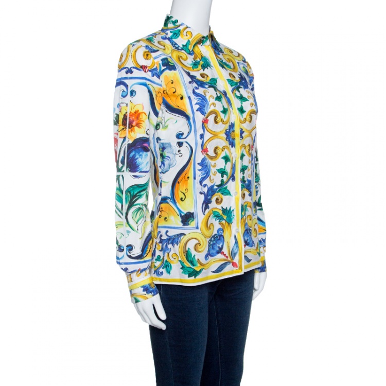 Pre Owned Dolce and Gabbana Majolica Print Long Sleeve Button Front Cotton Poplin Shirt S
