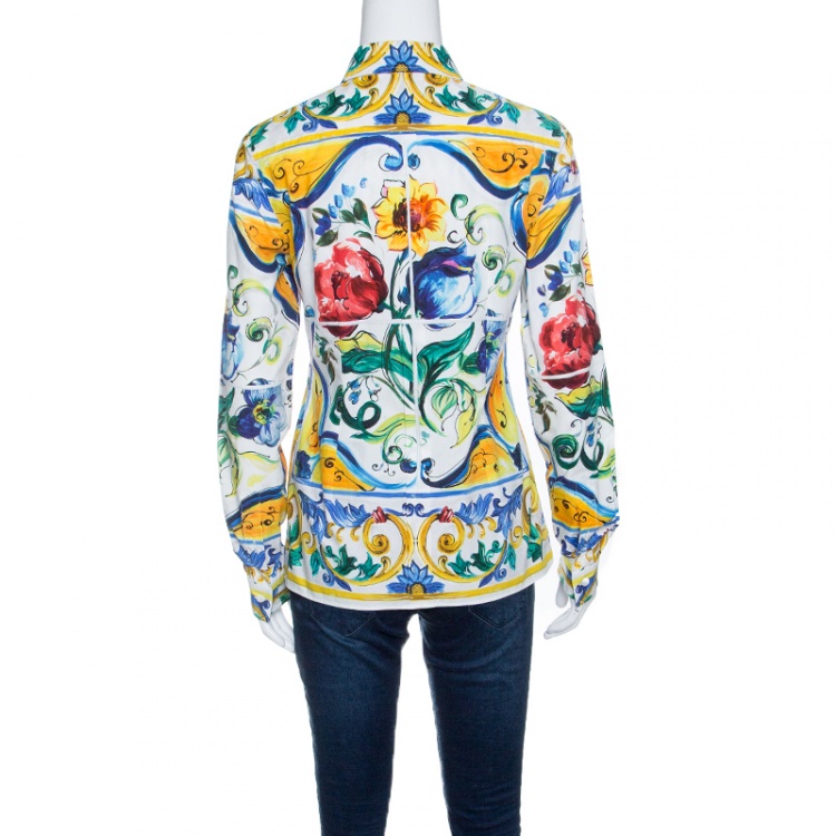 Pre Owned Dolce and Gabbana Majolica Print Long Sleeve Button Front Cotton Poplin Shirt S