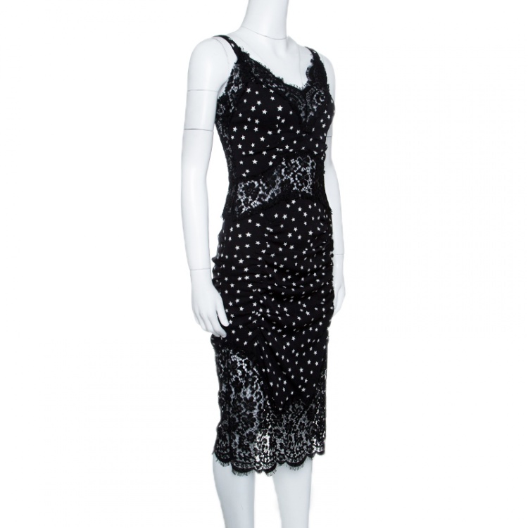 مملوكة مسبقًا Dolce and Gabbana Black Star Print Floral Lace Insert Detail Sleeveless Dress S