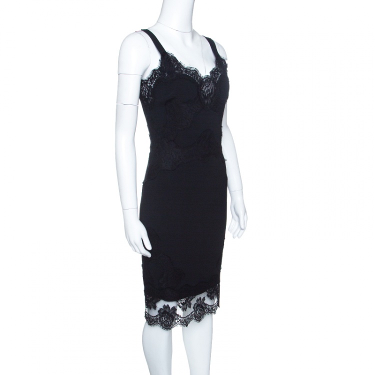 Pre Owned Dolce and Gabbana Black Scalloped Lace Trim Sleeveless Dress S