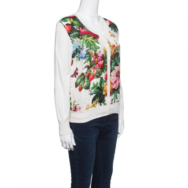 Pre Owned Dolce and Gabbana Cream Floral Print Embossed Jacquard Button Front Cardigan L