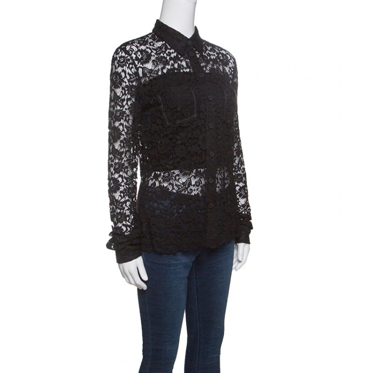 مملوكة مسبقًا Dolce and Gabbana Black Floral Lace Long Sleeve Button Front Shirt S