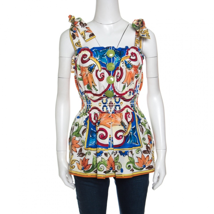 Pre Owned Dolce and Gabbana Multicolor Majolica Printed Cotton Smocked Waist Sleeveless Top S