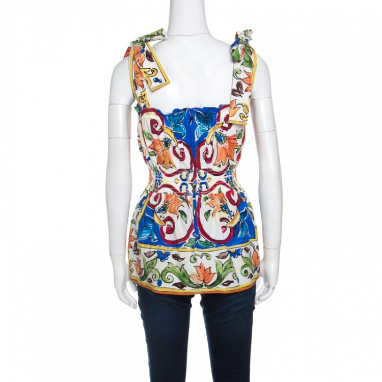 Pre Owned Dolce and Gabbana Multicolor Majolica Printed Cotton Smocked Waist Sleeveless Top S