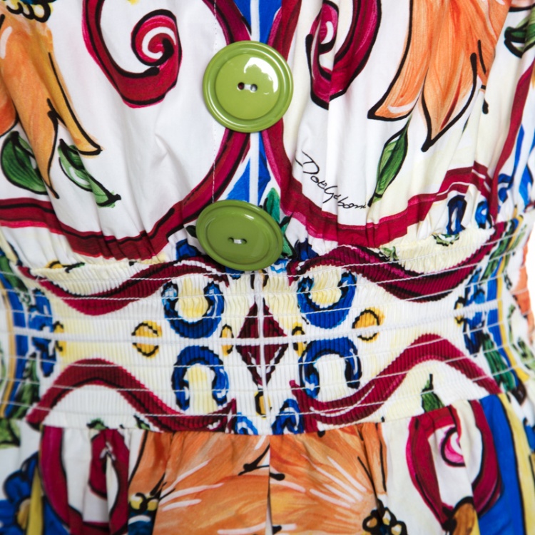 Pre Owned Dolce and Gabbana Multicolor Majolica Printed Cotton Smocked Waist Sleeveless Top S