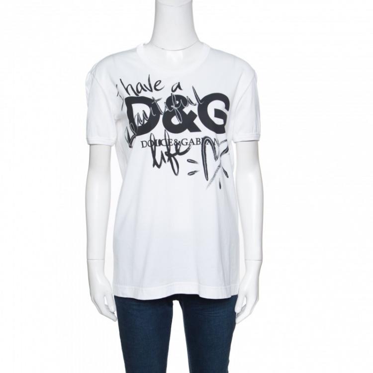 Dolce and Gabbana I Have A Beautiful Life White Printed Cotton T-Shirt ...