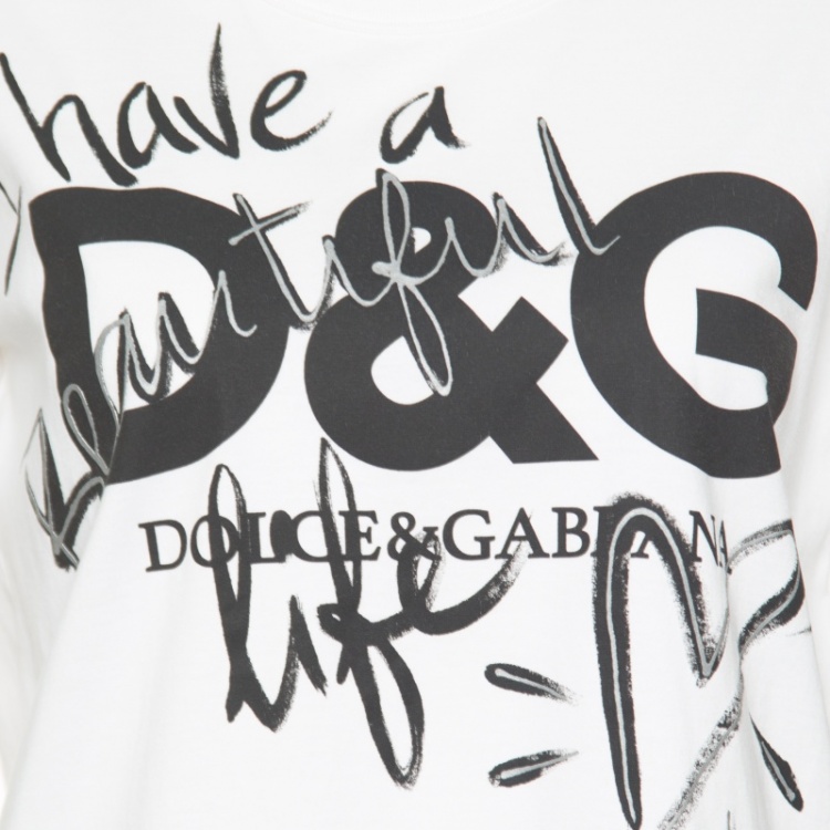 Pre Owned Dolce and Gabbana I Have A Beautiful Life White Printed Cotton T-Shirt S