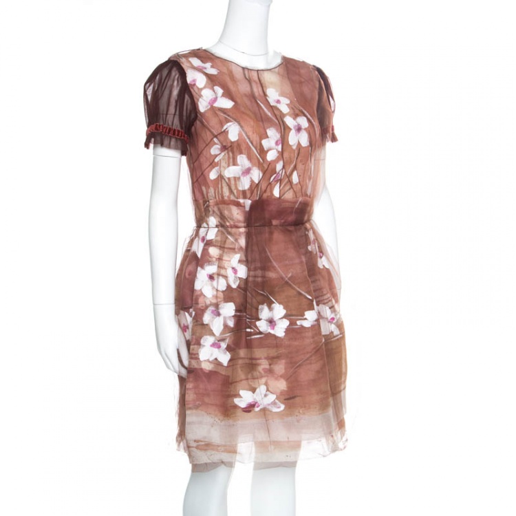 Pre Owned Dolce and Gabbana Brown Floral Print Organza Tulle Overlay Dress S