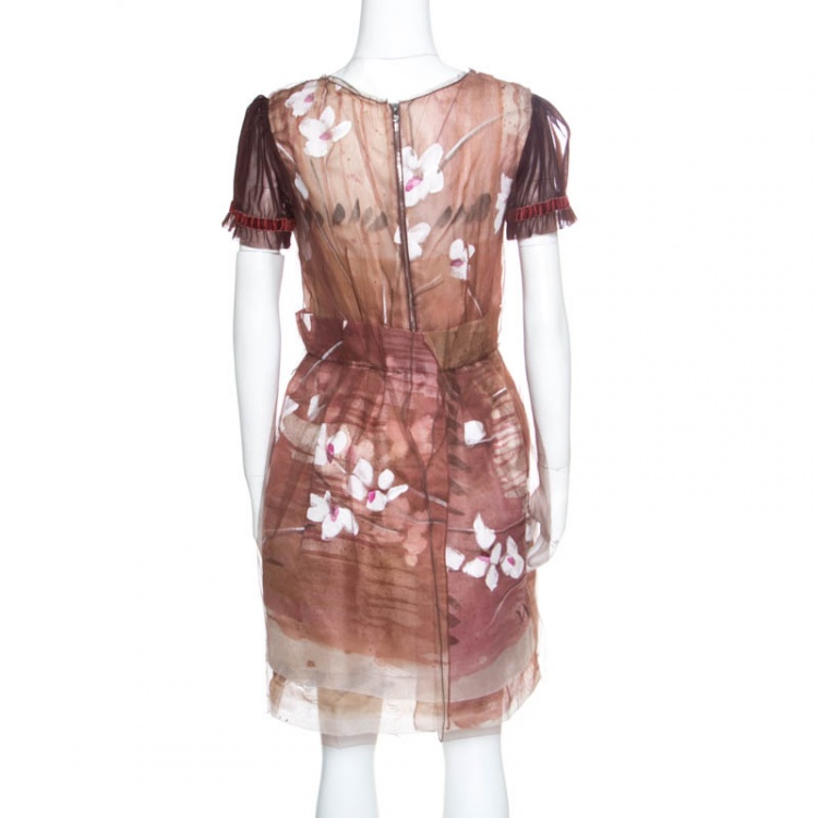 Pre Owned Dolce and Gabbana Brown Floral Print Organza Tulle Overlay Dress S