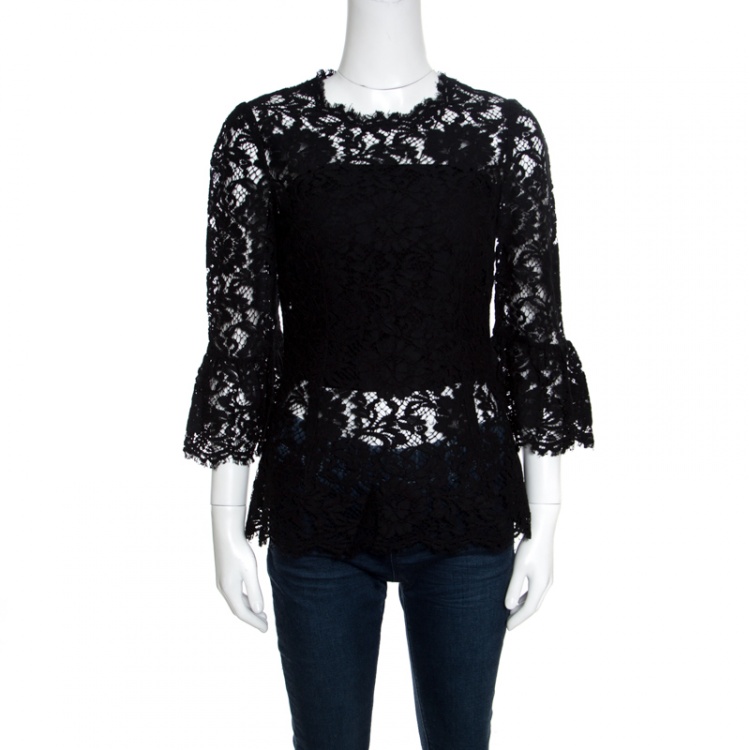 Pre Owned Dolce and Gabbana Black Floral Lace Scalloped Trim  Ruffle Cuff Top S