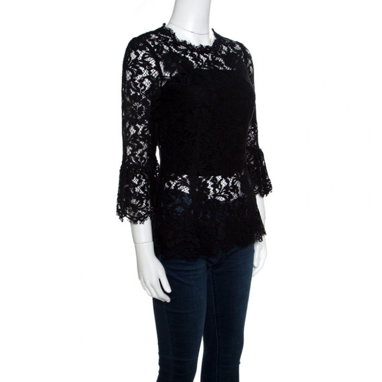 Pre Owned Dolce and Gabbana Black Floral Lace Scalloped Trim  Ruffle Cuff Top S