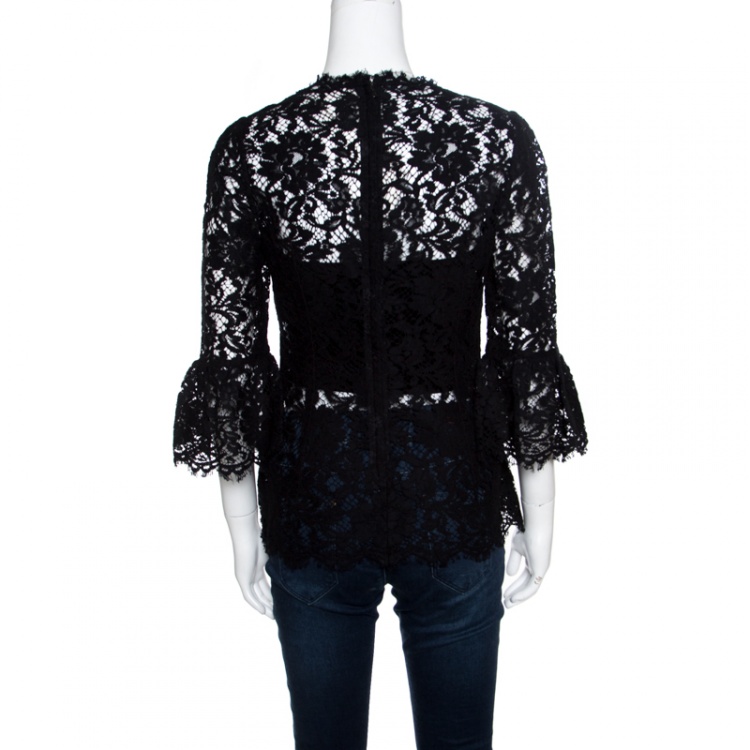 Pre Owned Dolce and Gabbana Black Floral Lace Scalloped Trim  Ruffle Cuff Top S