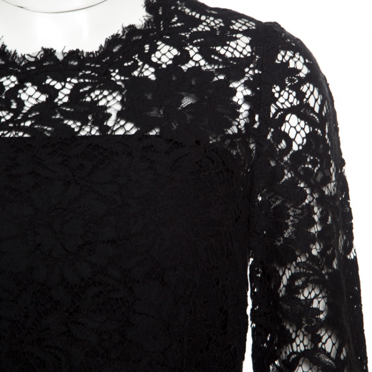 Pre Owned Dolce and Gabbana Black Floral Lace Scalloped Trim  Ruffle Cuff Top S