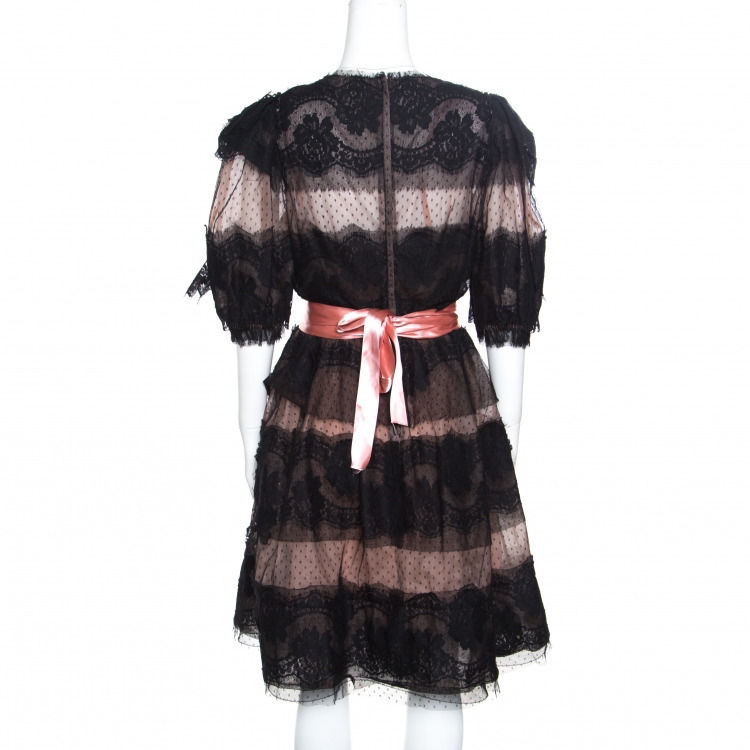 Pre Owned Dolce and Gabbana Black and Blush Pink Floral Scalloped Lace Belted Dress L