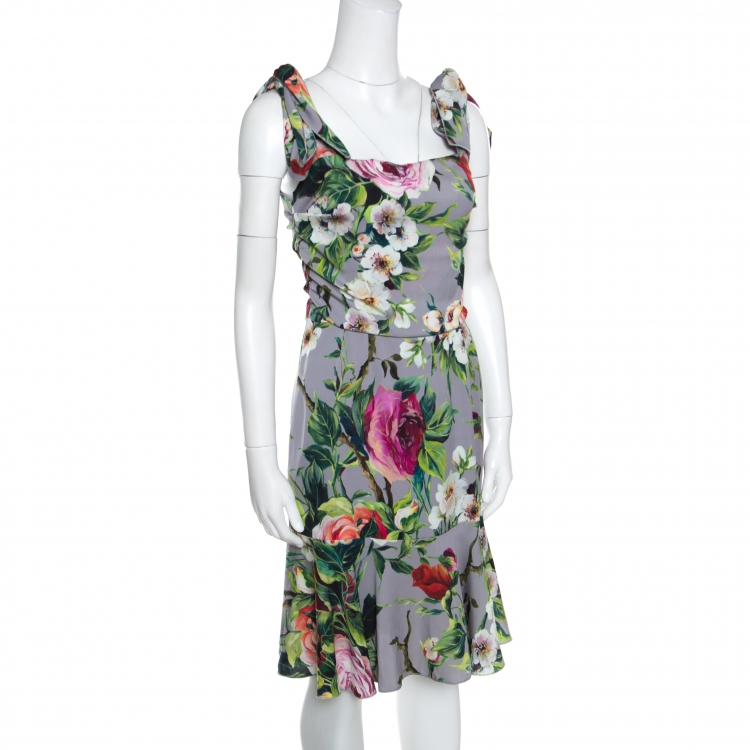 Pre Owned Dolce and Gabbana Grey Floral Printed Silk Sleeveless Dress M