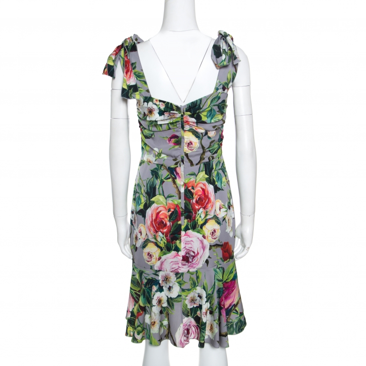 Pre Owned Dolce and Gabbana Grey Floral Printed Silk Sleeveless Dress M