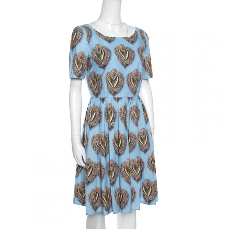 Pre Owned Dolce and Gabbana Blue Sacred Hearts Printed Cotton Short Sleeve Dress M