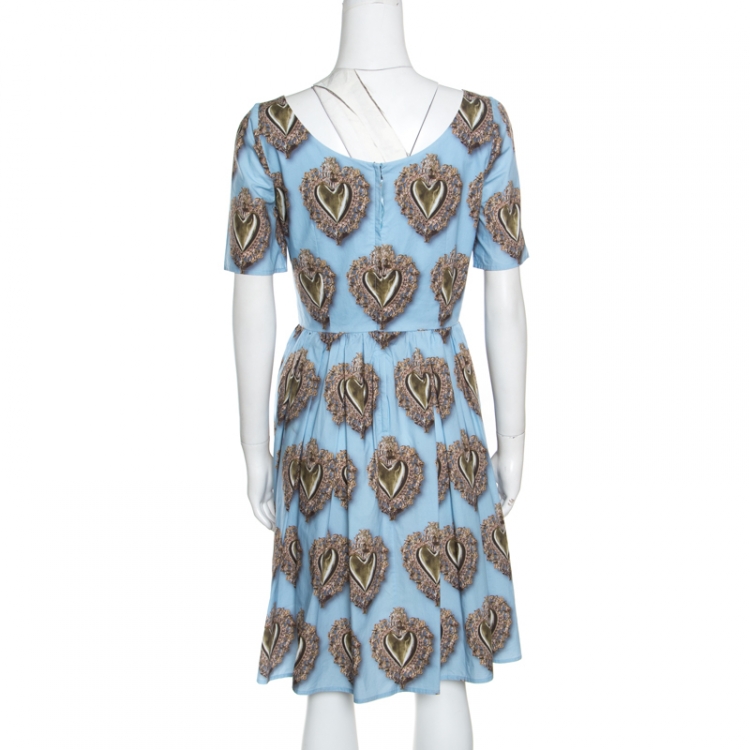 Pre Owned Dolce and Gabbana Blue Sacred Hearts Printed Cotton Short Sleeve Dress M