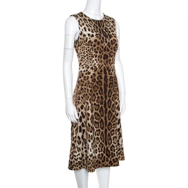 Pre Owned Dolce and Gabbana Brown Leopard Print Textured Sleeveless A-Line Dress S