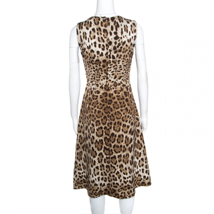 Pre Owned Dolce and Gabbana Brown Leopard Print Textured Sleeveless A-Line Dress S