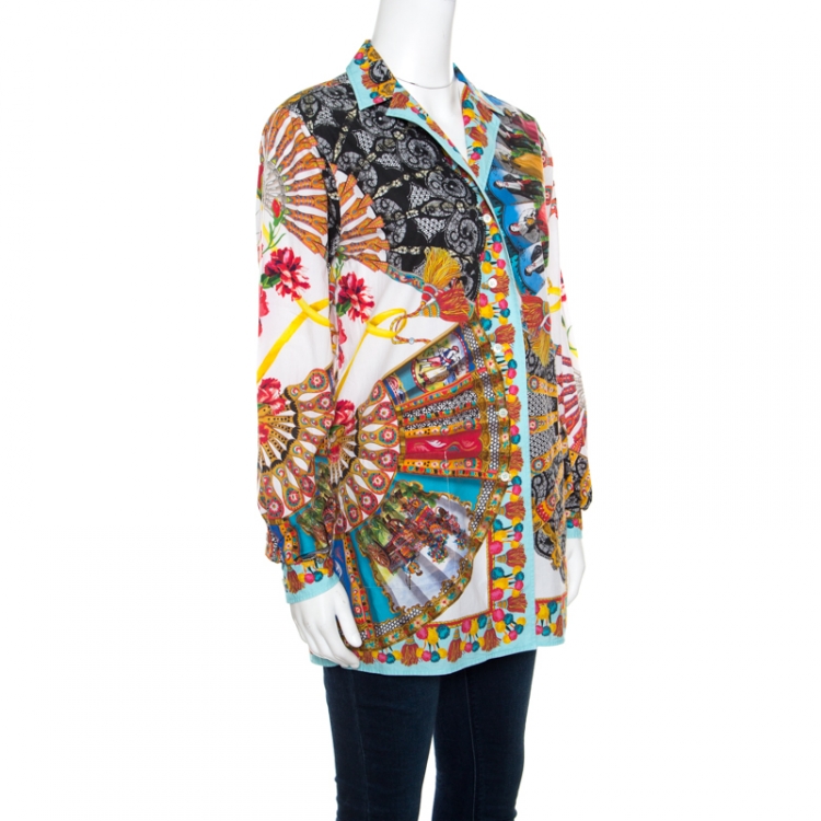 مملوكة مسبقًا Dolce and Gabbana Multicolor Floral Fans Printed Cotton Poplin Shirt S