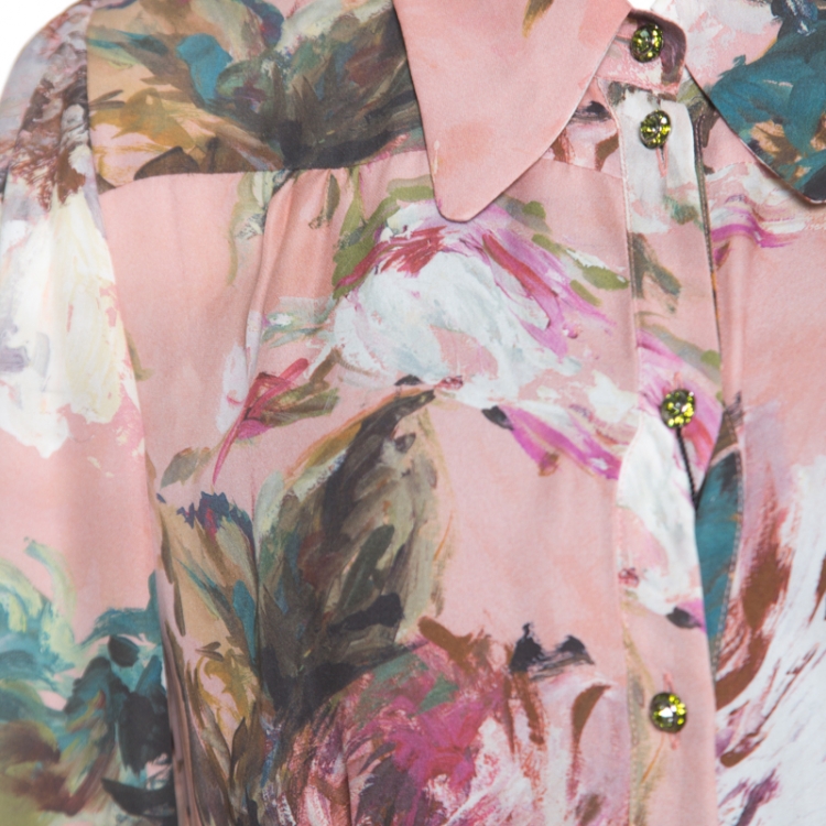 Pre Owned Dolce and Gabbana Pink Floral Printed Silk Long Sleeve Blouse L