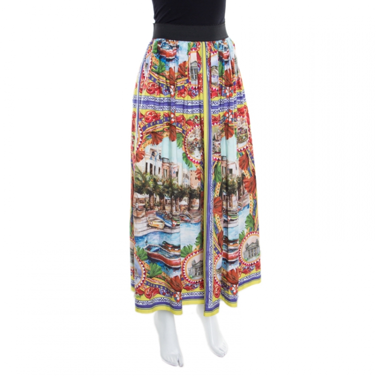 Dolce and Gabbana Multicolor Sicilian Postcard Printed Cotton Midi Skirt M  Dolce & Gabbana | TLC