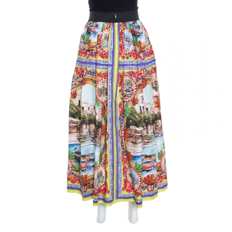 مملوكة مسبقًا Dolce and Gabbana Multicolor Sicilian Postcard Printed Cotton Midi Skirt M
